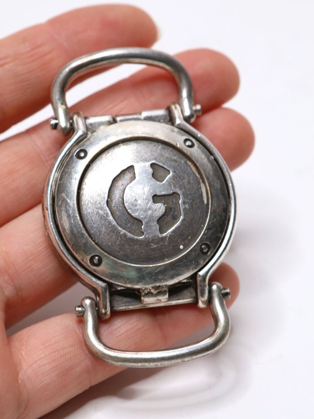Vintage Guess Silver Tone Flip Top Pocket Watch Red Hands Japan Movt New Battery - Picture 5 of 10